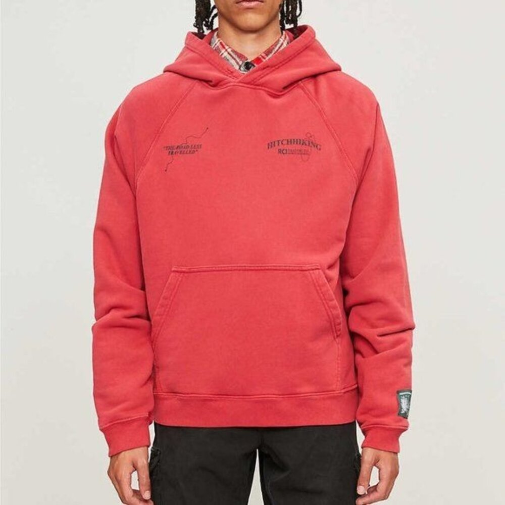 NEW REESE COOPER HITCHHIKING RED GRAPHIC JERSEY RAGLAN HOODIE SZ SMALL